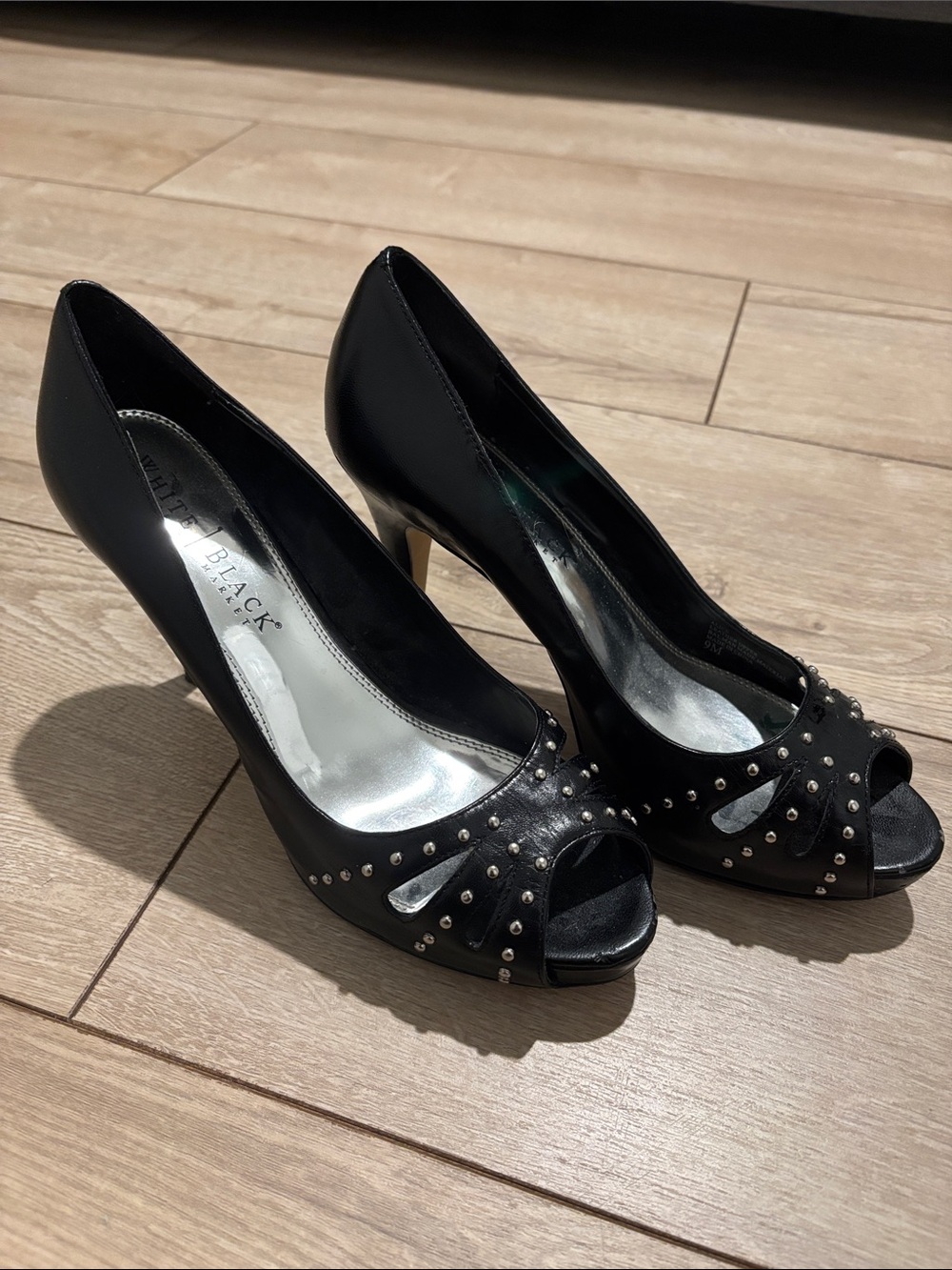 White Mountain Black Studded Peep-Toe Heels